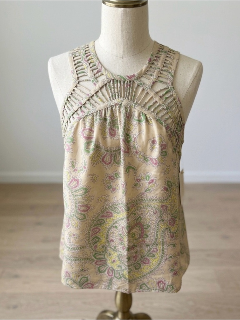 Cream Paisley Cutout Yoke blouse with Pink & Green Accents  100% silk